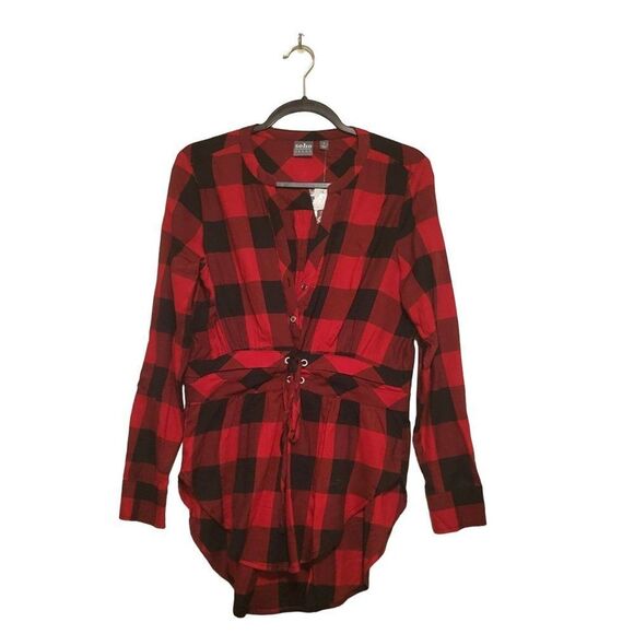Soho New York & Co.Womens Top Red S Plaid Shirt Waist Tie Shirt New - Picture 4 of 9